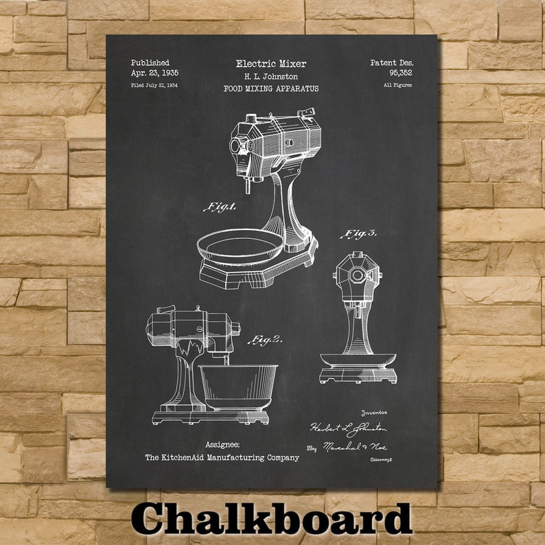 Art Print Depicting KitchenAid Mixer Patent 1935 Chalkboard