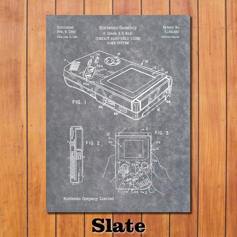 May include: A black and white patent drawing of the Nintendo Gameboy, a handheld video game system. The drawing shows the Gameboy from different angles, with labels for each part. The patent number is 5,184,830. The text "Nintendo Gameboy" and "Compact Hand-Held Video Game System" are also visible.