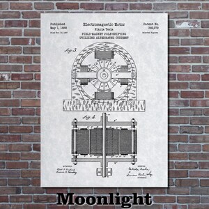 Puede incluir: Ilustraci&oacute;n en blanco y negro de una patente para un motor electromagn&eacute;tico de Nikola Tesla. La patente se public&oacute; el 1 de mayo de 1888 y el n&uacute;mero de patente es 382,279. El dibujo de la patente muestra un diagrama del motor con el texto "Desplazamiento del polo del im&aacute;n de campo utilizando corriente alterna".