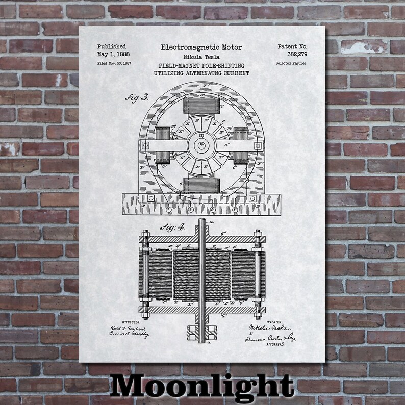 Puede incluir: Ilustraci&oacute;n en blanco y negro de una patente para un motor electromagn&eacute;tico de Nikola Tesla. La patente se public&oacute; el 1 de mayo de 1888 y el n&uacute;mero de patente es 382,279. El dibujo de la patente muestra un diagrama del motor con el texto "Desplazamiento del polo del im&aacute;n de campo utilizando corriente alterna".