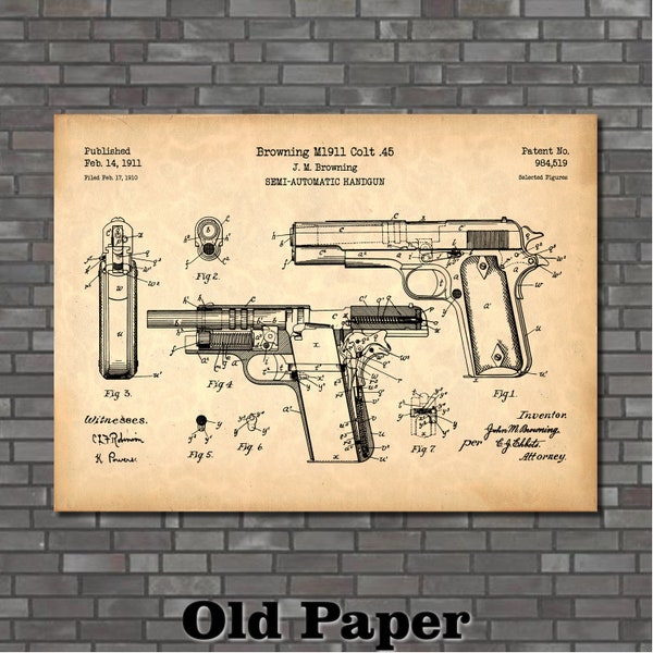 Patent for M1911 45 Semi-Automatic Handgun Art Print 1911