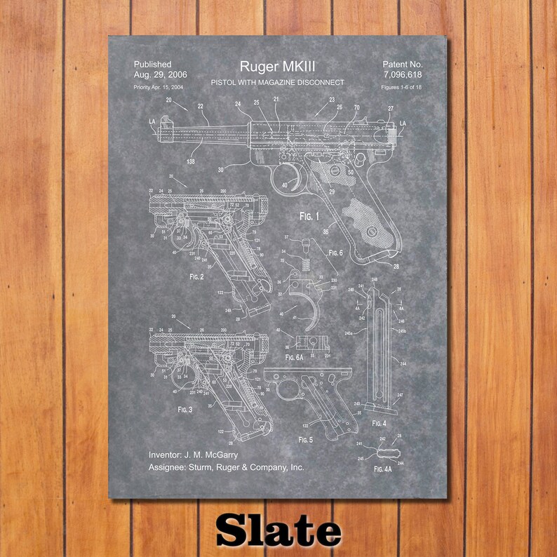 May include: A black and white blueprint style illustration of a Ruger MKIII pistol with magazine disconnect. The patent number 7,096,618 is listed at the top right corner of the image. The patent was published on August 29, 2006. The inventor is listed as J.M. McGarry and the assignee is Sturm, Ruger & Company, Inc.
