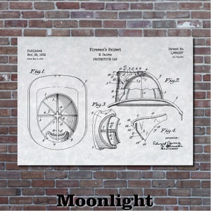 May include: A vintage print of a fireman's helmet patent illustration. The diagram shows multiple views of the helmet, including a front view, side view, and exploded view. The text "Fireman's Helmet" and "Protective Cap" are visible.