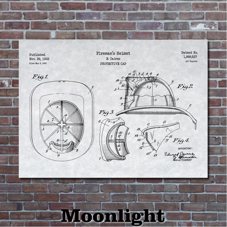 May include: A vintage print of a fireman's helmet patent illustration. The diagram shows multiple views of the helmet, including a front view, side view, and exploded view. The text "Fireman's Helmet" and "Protective Cap" are visible.