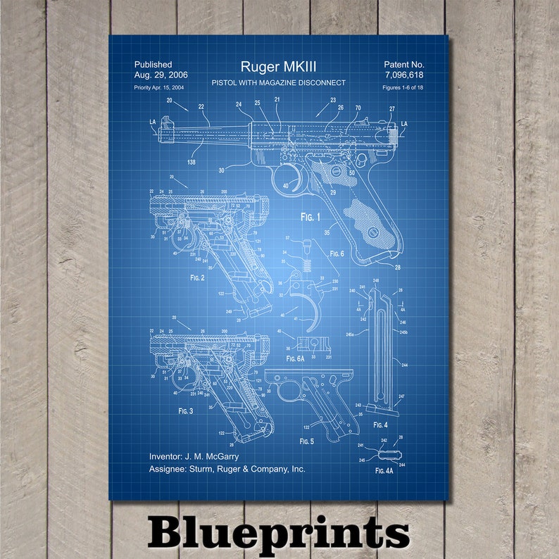 May include: A blueprint for a Ruger MKIII pistol with magazine disconnect. The patent number is 7,096,618. The blueprint shows multiple views of the pistol, including the side, top, and bottom. The blueprint is on a blue background with white lines.