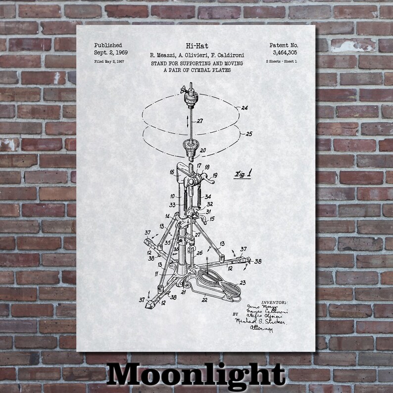 May include: A vintage patent illustration of a hi-hat cymbal stand, with detailed diagrams and labels. The drawing is in black and white, set against a light background, and includes the text "Hi-Hat" and "Moonlight".