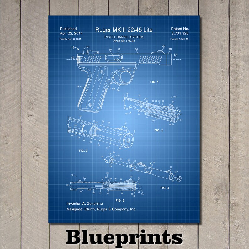 Puede incluir: Un plano para un sistema de ca&ntilde;&oacute;n de pistola Ruger MKIII 22/45 Lite y un m&eacute;todo. El n&uacute;mero de patente es 8.701.326. El plano muestra un diagrama detallado de la pistola con varias partes etiquetadas. La patente se public&oacute; el 22 de abril de 2014.