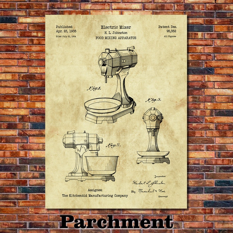 Art Print Depicting KitchenAid Mixer Patent 1935 Parchment