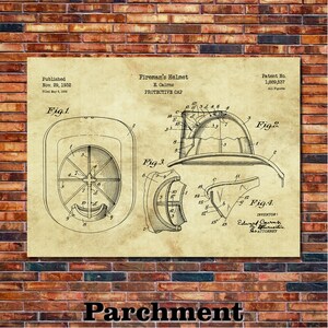 May include: A vintage-style print on parchment paper depicting a fireman's helmet patent. The print includes detailed diagrams, labels, and the text "Fireman's Helmet" and "Protective Cap". The background is a brick wall.