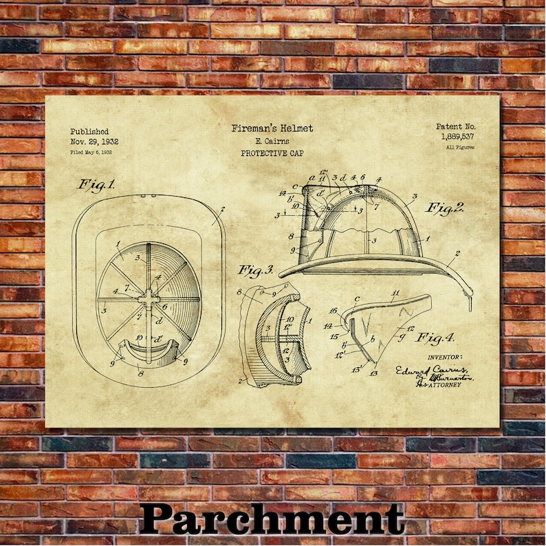 May include: A vintage-style print on parchment paper depicting a fireman's helmet patent. The print includes detailed diagrams, labels, and the text "Fireman's Helmet" and "Protective Cap". The background is a brick wall.