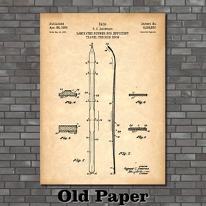May include: A vintage patent drawing for a ski design, titled "Laminated Runner for Efficient Travel Through Snow." The drawing shows a detailed illustration of the ski with numbered components and a description of the invention. The patent was published on April 28, 1936, and filed on May 13, 1933.