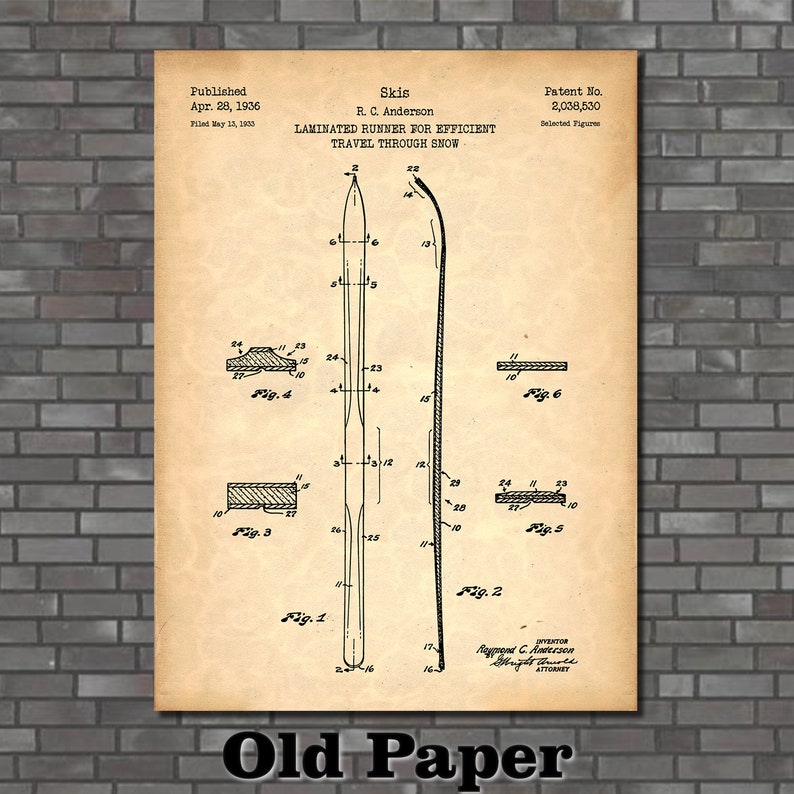 May include: A vintage patent drawing for a ski design, titled "Laminated Runner for Efficient Travel Through Snow." The drawing shows a detailed illustration of the ski with numbered components and a description of the invention. The patent was published on April 28, 1936, and filed on May 13, 1933.