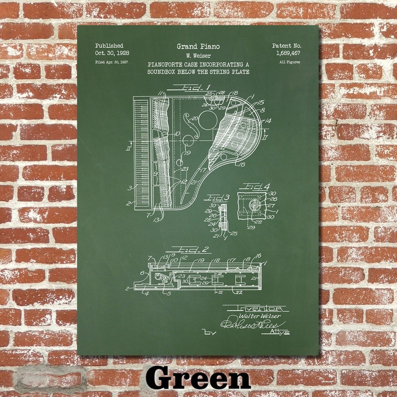 Grand Piano Patent Print Art 1928 Green