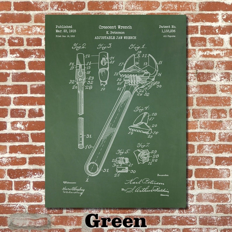 Peut inclure: Un dessin de brevet vert et blanc pour une cl&eacute; &agrave; molette &agrave; m&acirc;choires r&eacute;glables. Le dessin montre la cl&eacute; en d&eacute;tail, avec des &eacute;tiquettes pour chaque partie. Le num&eacute;ro de brevet est 1&nbsp;133&nbsp;236. Le brevet a &eacute;t&eacute; d&eacute;pos&eacute; le 16&nbsp;janvier&nbsp;1915 et publi&eacute; le 23&nbsp;mars&nbsp;1915.
