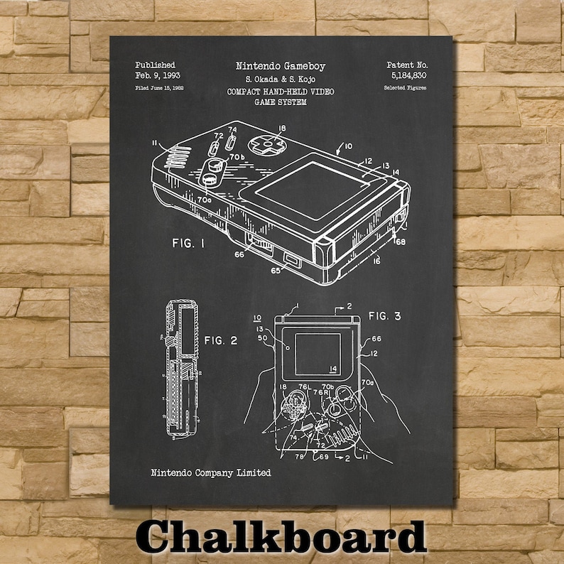 May include: Black and white patent drawing of the Nintendo Gameboy, a compact hand-held video game system. The drawing shows the front and side views of the device, with labels for various components. The patent number 5,184,830 is listed at the top right corner. The text "Nintendo Gameboy" and "Nintendo Company Limited" are also included in the drawing.