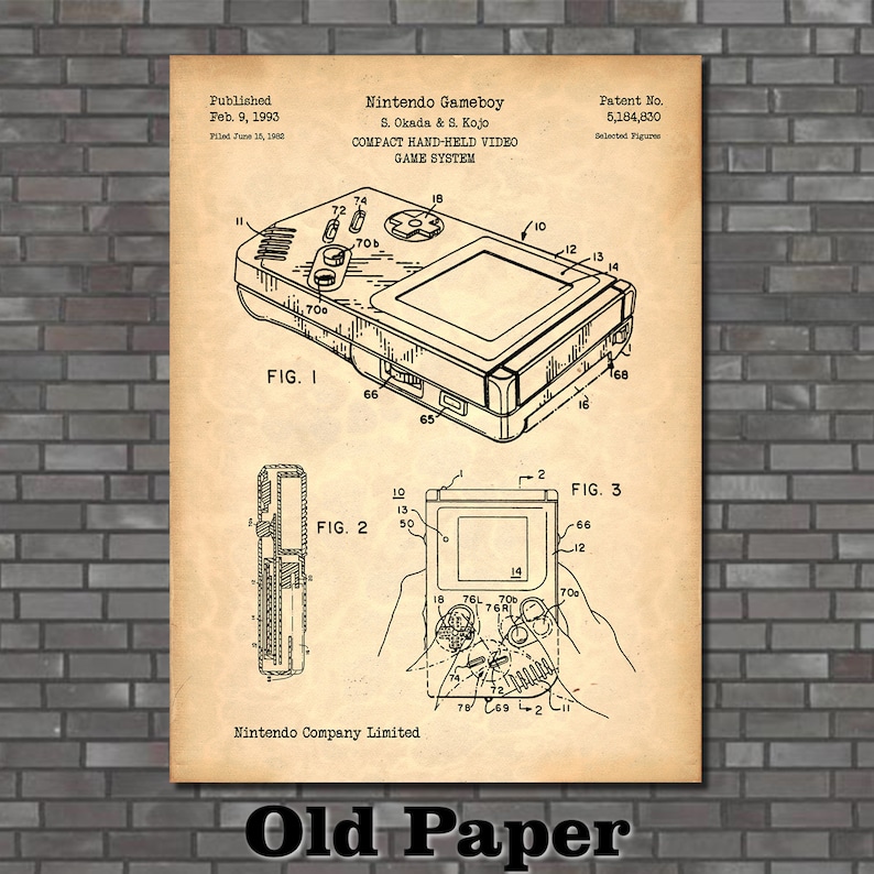May include: A black and white line drawing of a Nintendo Gameboy patent. The patent is titled "Nintendo Gameboy" and includes the text "S. Okada & S. Kojo" and "COMPACT HAND-HELD VIDEO GAME SYSTEM". The patent number is 5,184,830. The drawing shows a side view of the Gameboy with various components labeled.