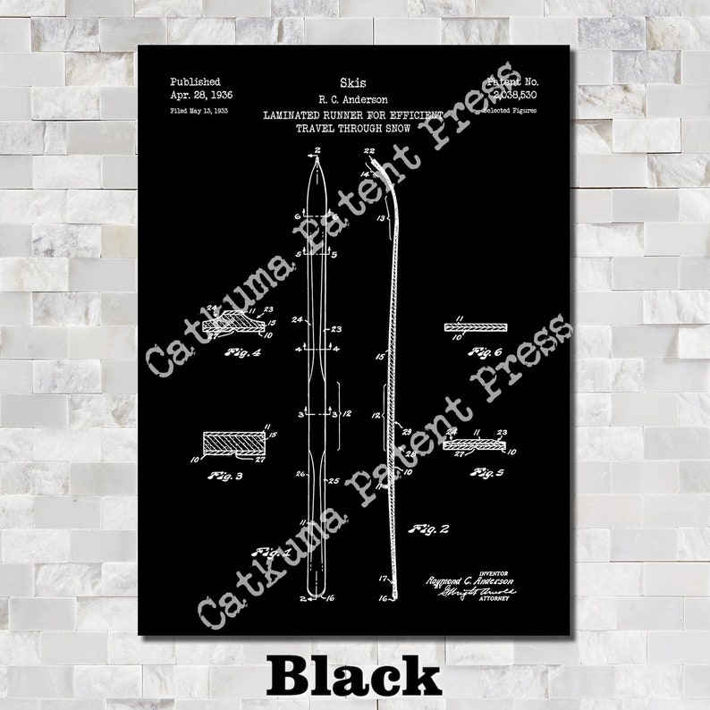 May include: Black and white patent drawing of a ski design. The drawing shows a side view of the ski with a detailed diagram of the laminated runner. The patent was published on April 28, 1936, and filed on May 13, 1903. The patent number is 2,028,530. The text "Skis" and "R. C. Anderson" are at the top of the drawing. The text "Laminated Runner for Efficient Travel Through Snow" is below the title.