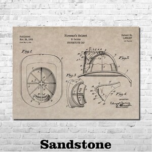 May include: Sandstone print of a fireman's helmet patent from 1932. The print includes detailed diagrams and labels of the helmet's components, with the text "Fireman's Helmet" and "Protective Cap". The patent number is 1,889,537.