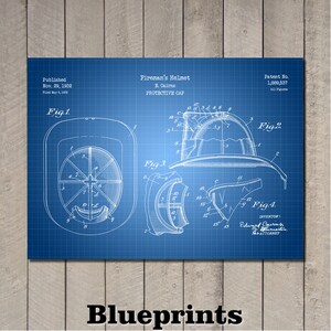 May include: A blue print of a fireman's helmet, with detailed diagrams and technical drawings. The print includes the text "Fireman's Helmet" and "Protective Cap". The word "Blueprints" is at the bottom of the image.
