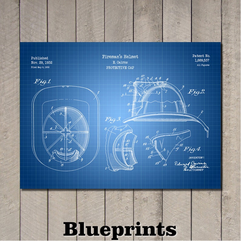 May include: A blue print of a fireman's helmet, with detailed diagrams and technical drawings. The print includes the text "Fireman's Helmet" and "Protective Cap". The word "Blueprints" is at the bottom of the image.