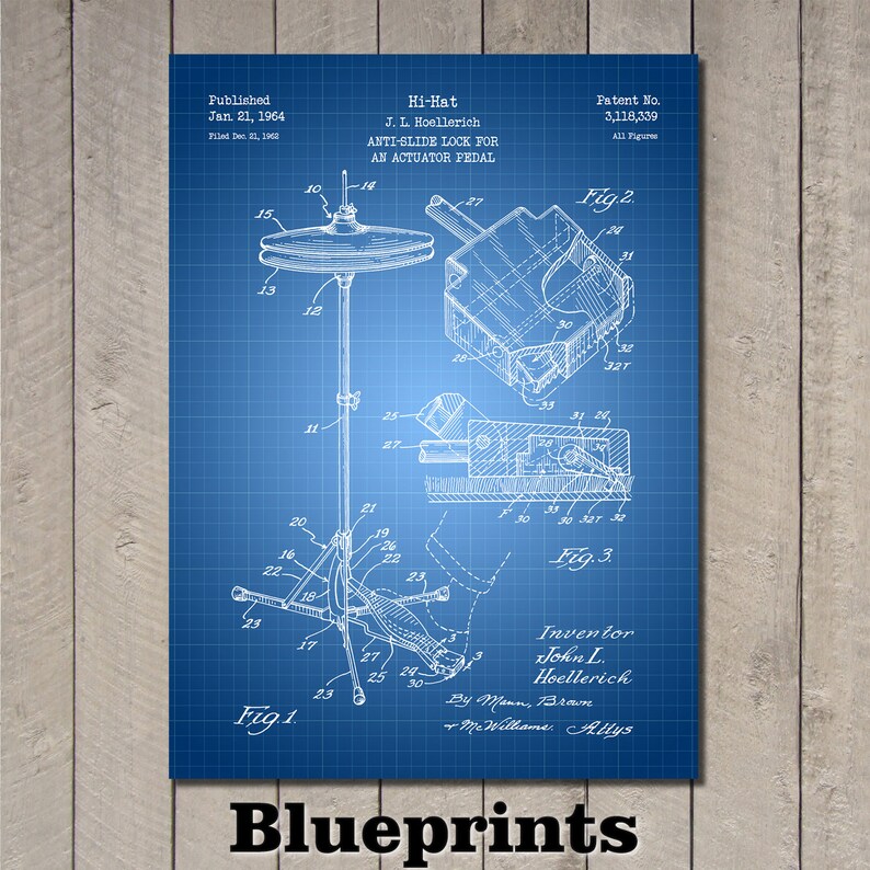 Hi-Hat Patent Print Art 1964 Blueprints