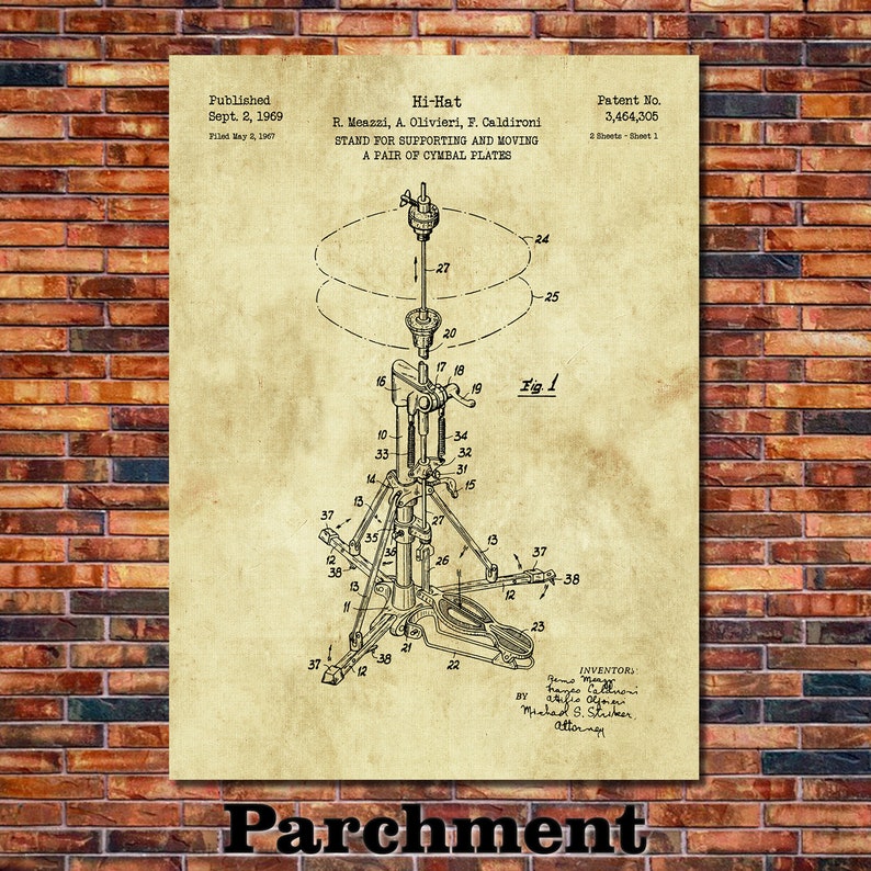 May include: A vintage-style parchment print of a hi-hat cymbal stand patent diagram. The diagram features detailed technical drawings with labels and numbers, including a foot pedal. The print includes the text "Hi-Hat" and patent information.