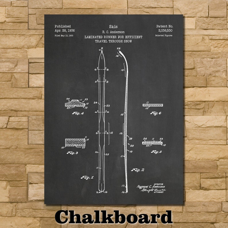 May include: Black and white illustration of a patent drawing for a pair of skis. The drawing shows the skis in detail, including the laminated runner and the binding system. The patent number is 2,038,530. The text "Skis" and "Laminated Runner for Efficient Travel Through Snow" is also visible.