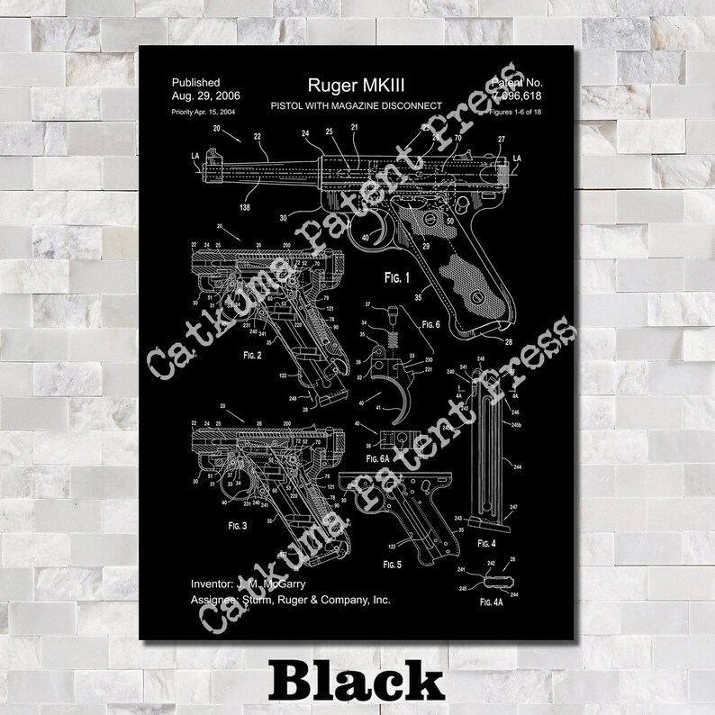 May include: Black and white line drawing of a Ruger MKIII pistol with magazine disconnect patent drawing. The drawing shows multiple views of the pistol, including the side, top, and bottom. The patent number is 7,096,618. The patent was published on August 29, 2006, and the priority date is April 15, 2004.