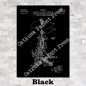 May include: Black and white patent print of a Hi-Hat stand for a drum set. The diagram shows the stand's components, including the foot pedal, support legs, and cymbal plates. The text includes the patent information and the names of the inventors.