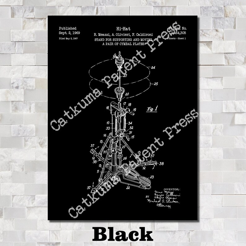 May include: Black and white patent print of a Hi-Hat stand for a drum set. The diagram shows the stand's components, including the foot pedal, support legs, and cymbal plates. The text includes the patent information and the names of the inventors.