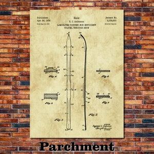 May include: A vintage patent drawing for skis with a laminated runner for efficient travel through snow. The drawing shows a detailed illustration of the ski design, including the runner and its construction. The patent number is 2,038,530 and the inventor is R.C. Anderson.
