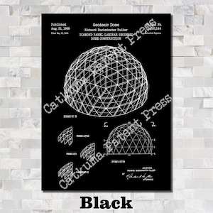 May include: Black and white patent drawing of a geodesic dome design. The drawing is titled "Geodesic Dome" and includes the inventor's name, Richard Buckminster Fuller, and the patent number, 3,003,144. The drawing shows a detailed illustration of the dome's construction.