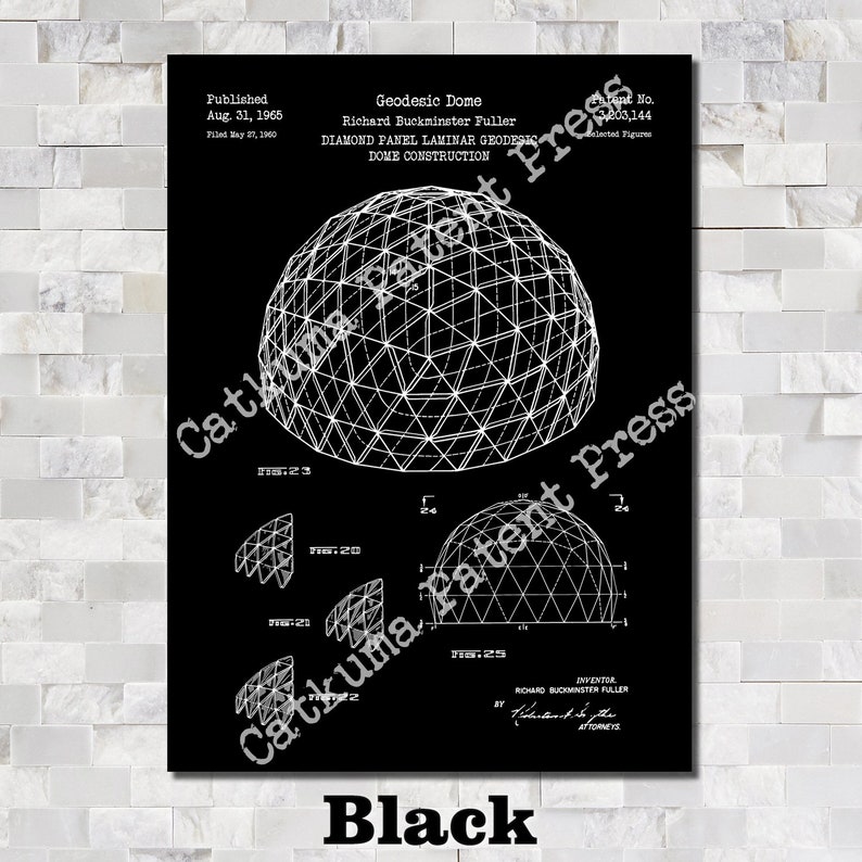 May include: Black and white patent drawing of a geodesic dome design. The drawing is titled "Geodesic Dome" and includes the inventor's name, Richard Buckminster Fuller, and the patent number, 3,003,144. The drawing shows a detailed illustration of the dome's construction.