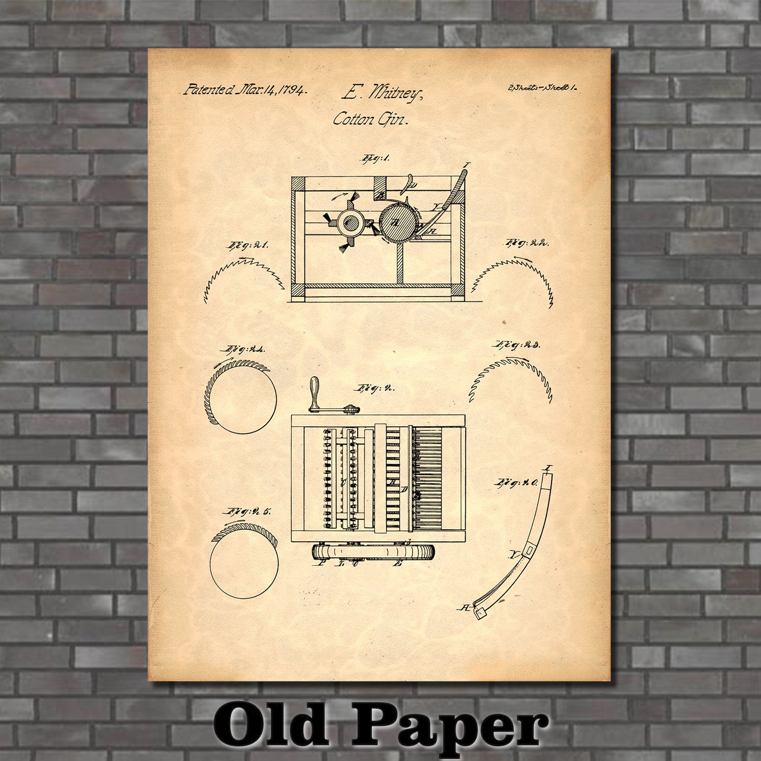 Vintage Antique 1794-240 Official Eli Whitney Cotton Gin US Patent Art Print Vintage Antique 1794-240 Official Eli Whitney Cotton Gin US Patent Art Print