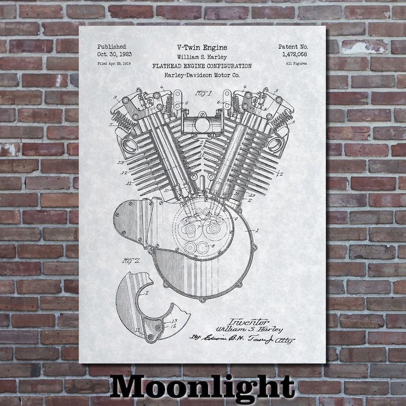 Motorcycle Engine Patent Print Art 1923 Moonlight