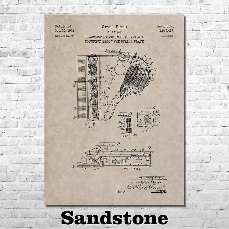 Grand Piano Patent Print Art 1928 Sandstone