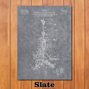 May include: A slate-colored print of a hi-hat stand patent illustration. The diagram shows the stand's components, including the pedal, legs, and cymbal plate supports. Text includes the patent number, inventor's name, and the word "Slate".
