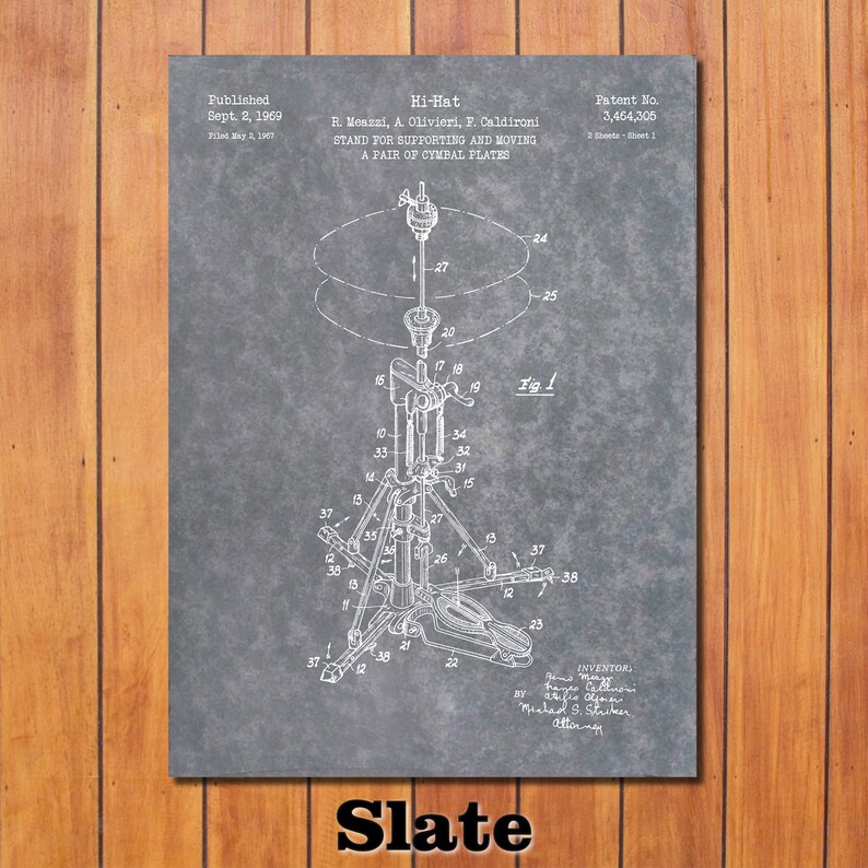 May include: A slate-colored print of a hi-hat stand patent illustration. The diagram shows the stand's components, including the pedal, legs, and cymbal plate supports. Text includes the patent number, inventor's name, and the word "Slate".