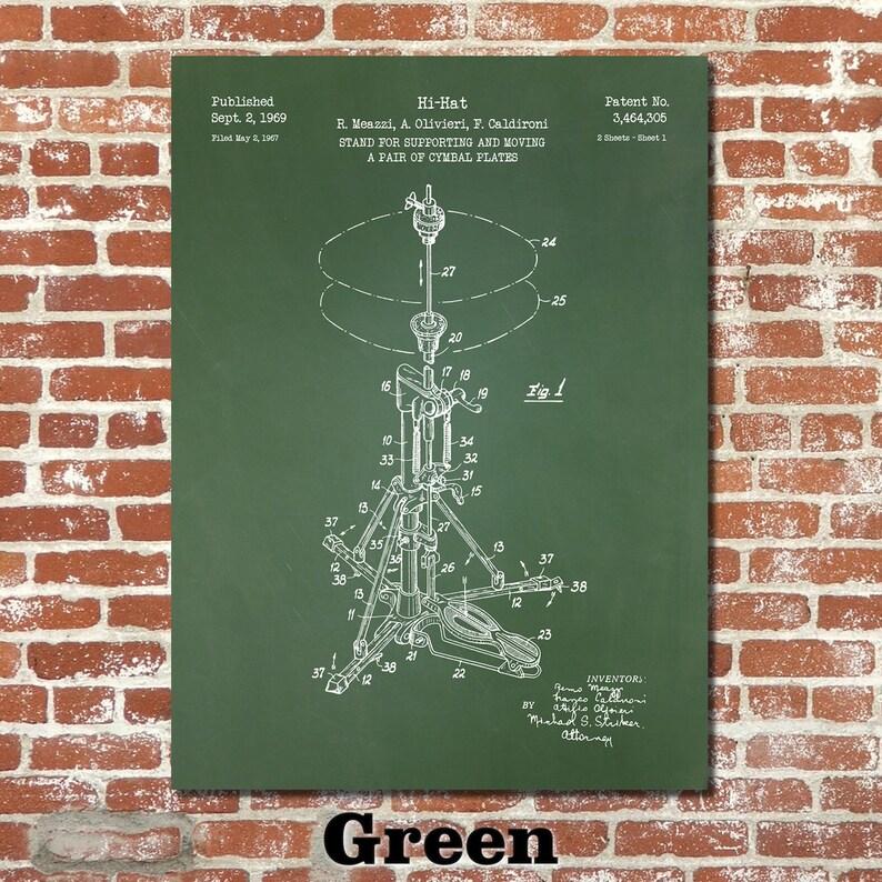 May include: Green patent print of a Hi-Hat cymbal stand, published in 1969. The diagram shows the stand's components, including the pedal, legs, and cymbal supports. The word "Green" is at the bottom.