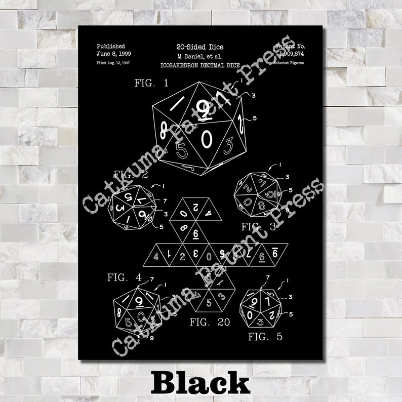 20-Sided Dice Patent Print Art 1999 Black