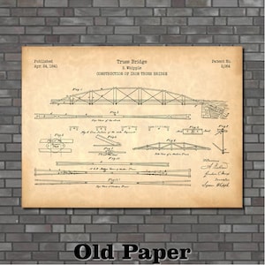 May include: A vintage, sepia-toned patent drawing for a truss bridge design. The drawing shows a detailed diagram of the bridge construction, with labels for each part. The patent information includes the date of publication, April 24, 1841, and the patent number, 2,064. The text "Truss Bridge" and "S. Whipple" are also visible.