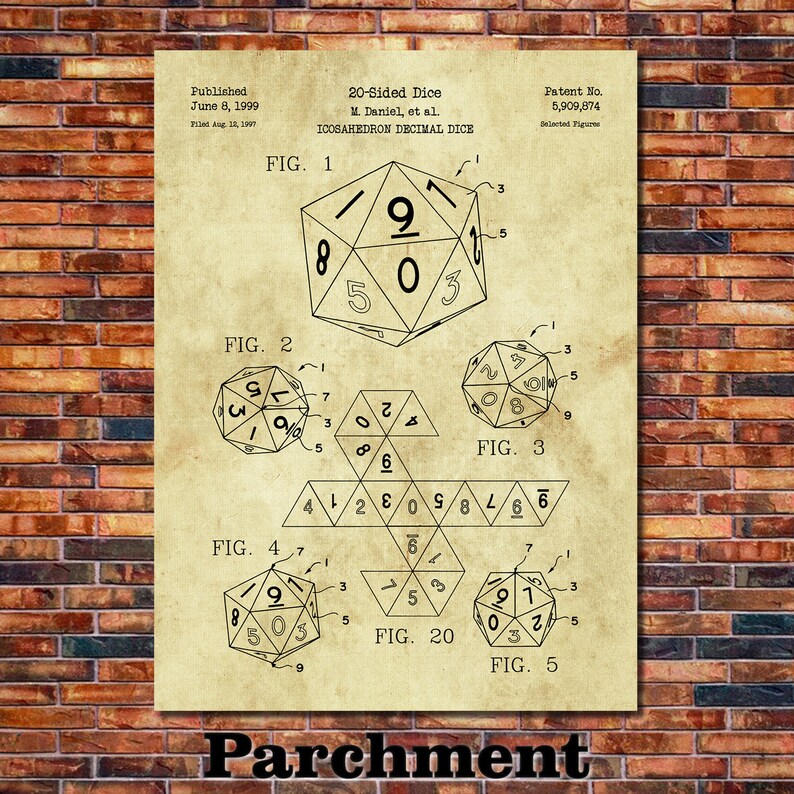 20-Sided Dice Patent Print Art 1999 Parchment