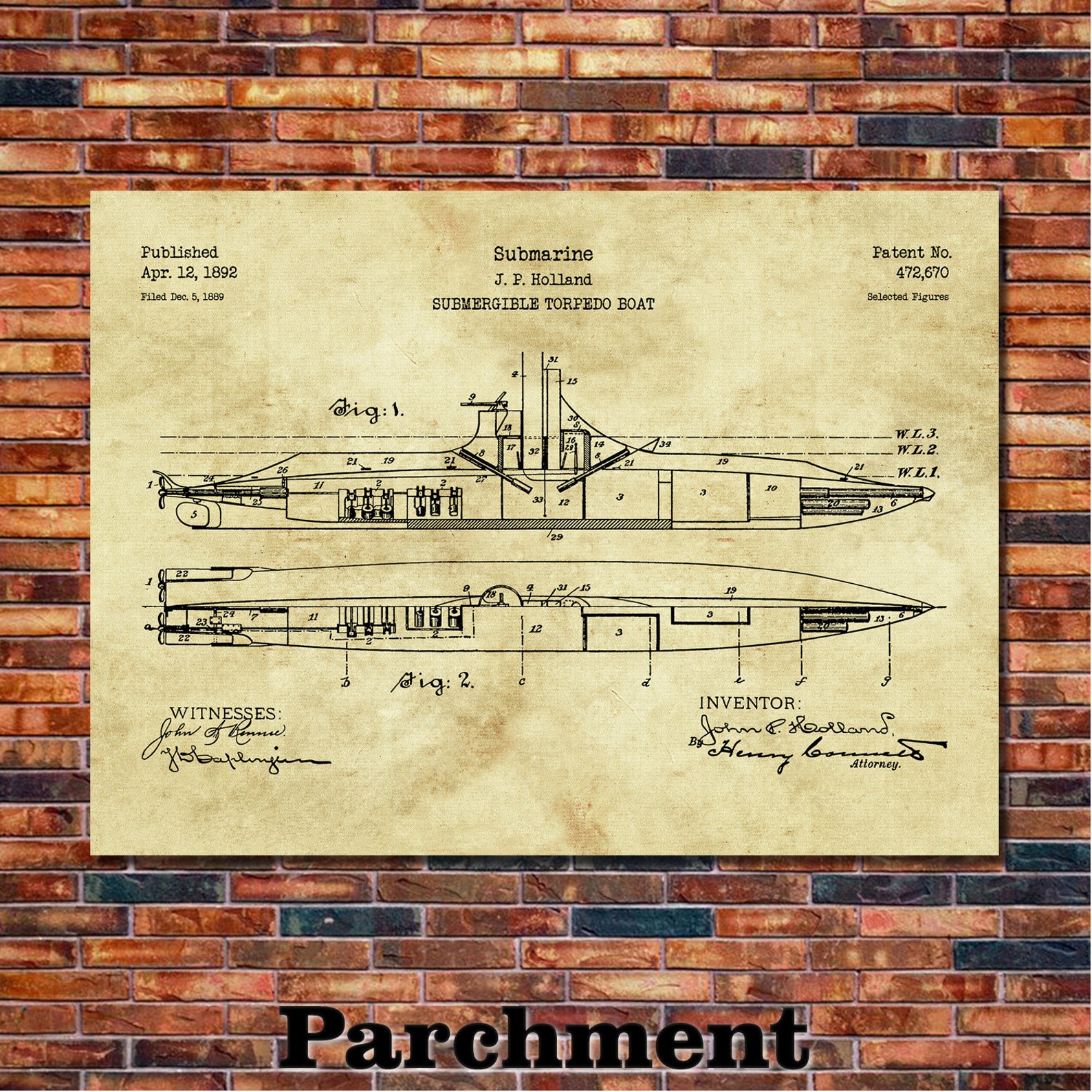 Submarine Patent Print Art 1892 - Etsy