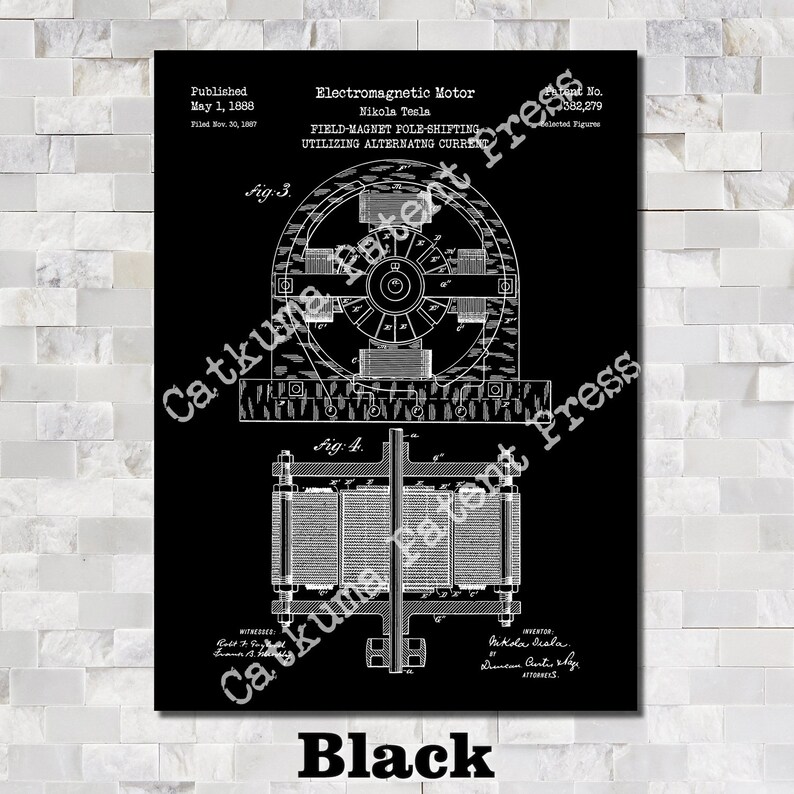 Puede incluir: Un dibujo de patente en blanco y negro del dise&ntilde;o del motor electromagn&eacute;tico de Nikola Tesla. El dibujo muestra los componentes internos del motor, incluido el im&aacute;n de campo, la armadura y el conmutador. El n&uacute;mero de patente, 382.279, es visible en la esquina superior derecha. El texto "Published May 1, 1888" y "Filed Nov. 30, 1887" tambi&eacute;n es visible.