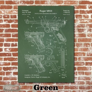 May include: A green patent drawing for a Ruger MKIII pistol with magazine disconnect. The drawing shows multiple views of the pistol and includes details like the patent number, date, and inventor's name.