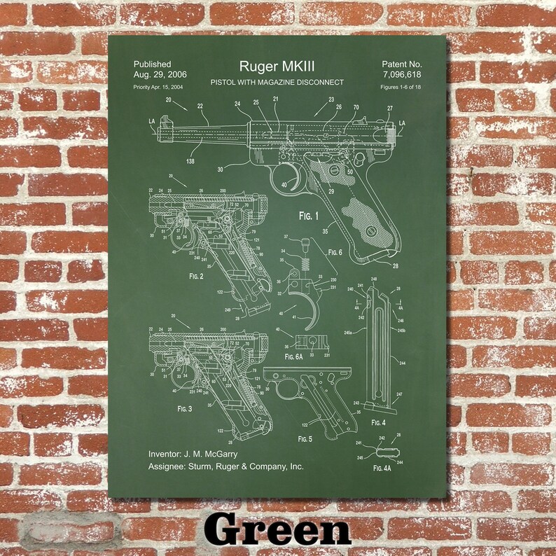 May include: A green patent drawing for a Ruger MKIII pistol with magazine disconnect. The drawing shows multiple views of the pistol and includes details like the patent number, date, and inventor's name.
