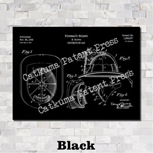 May include: Black print of a fireman's helmet patent illustration. The diagram shows different views of the helmet, including a top view and cross-sections. The text includes the patent number, inventor's name, and the word "Black".