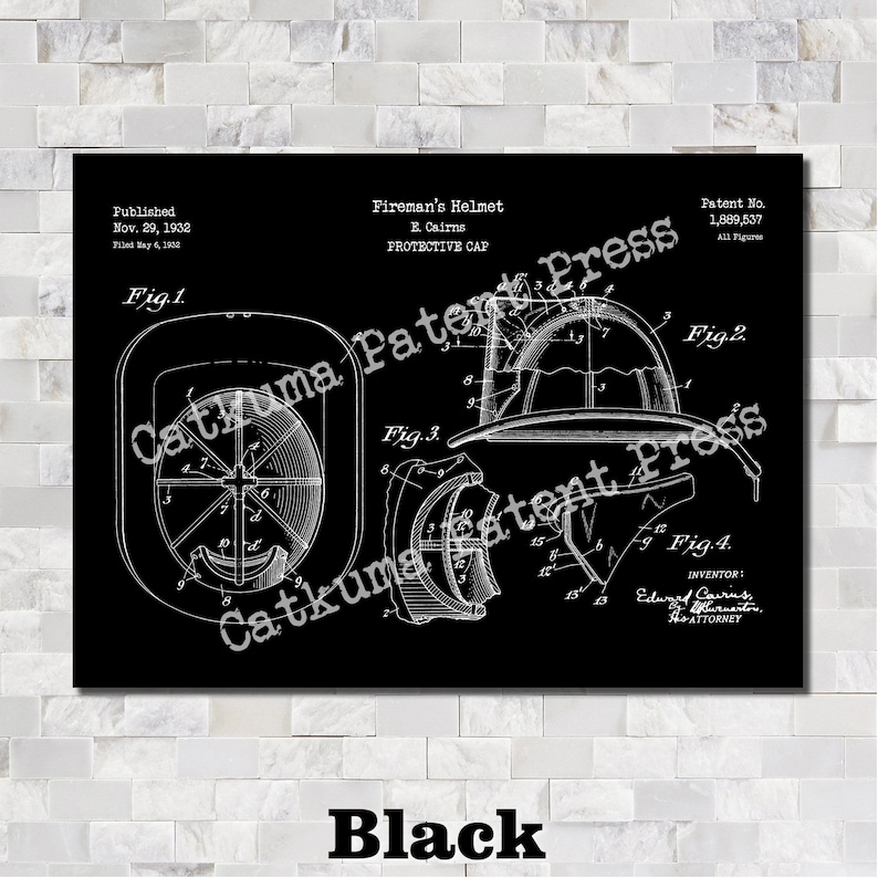 May include: Black print of a fireman's helmet patent illustration. The diagram shows different views of the helmet, including a top view and cross-sections. The text includes the patent number, inventor's name, and the word "Black".