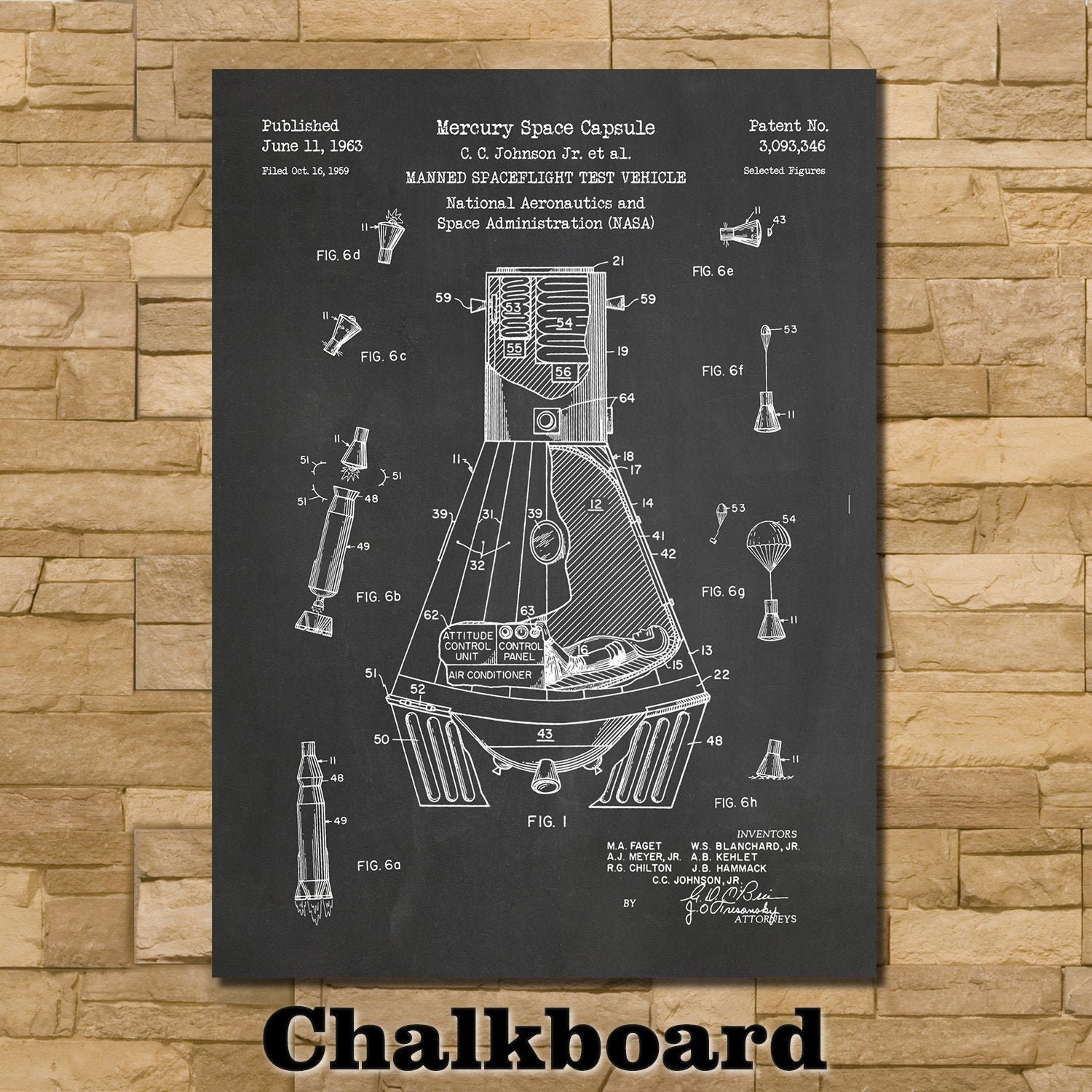 Space Capsule Patent Print Art 1963