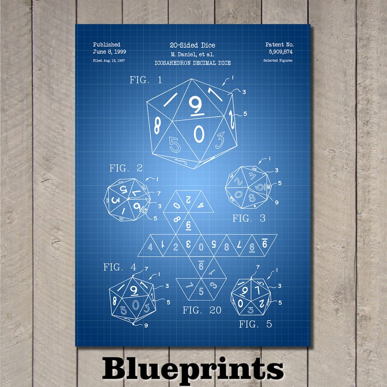 20-Sided Dice Patent Print Art 1999 Blueprints